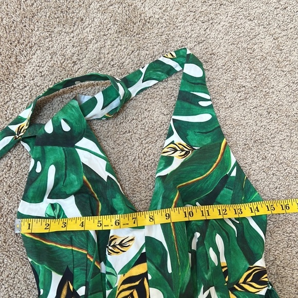 New! FARM RIO XS Green multi tropical palm leaf print wide leg halter jumpsuit - Picture 11 of 12